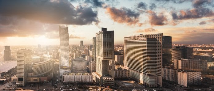 Urban view of the Warsaw skyline. Panoramic cityscape of the city in central Poland.