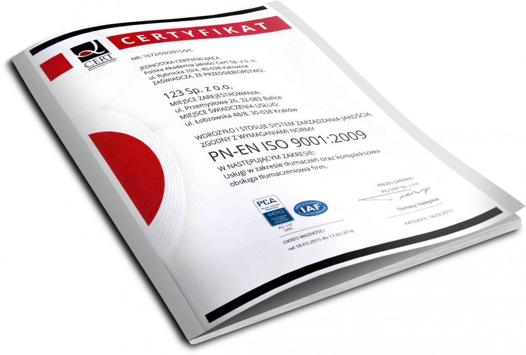 Biuro Tłumaczeń 123Tlumacz.pl certyfikat ISO 9001:2009