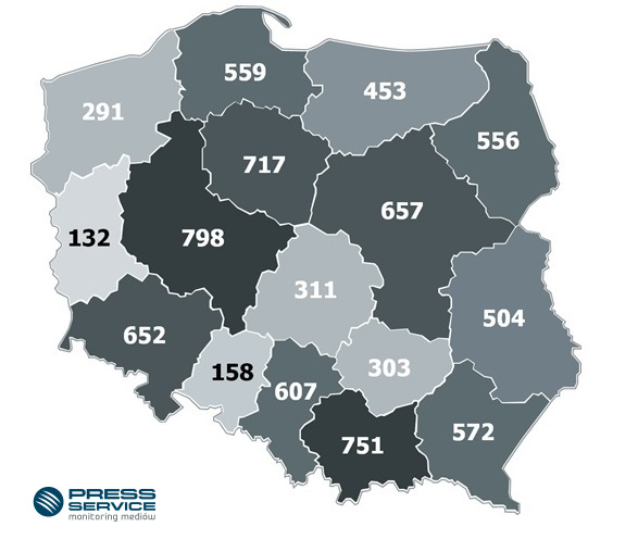 Wykres 1. Liczba publikacji regionalnych na temat banków spółdzielczych w każdym z województw w okresie kwiecień 2014 – kwiecień 2015