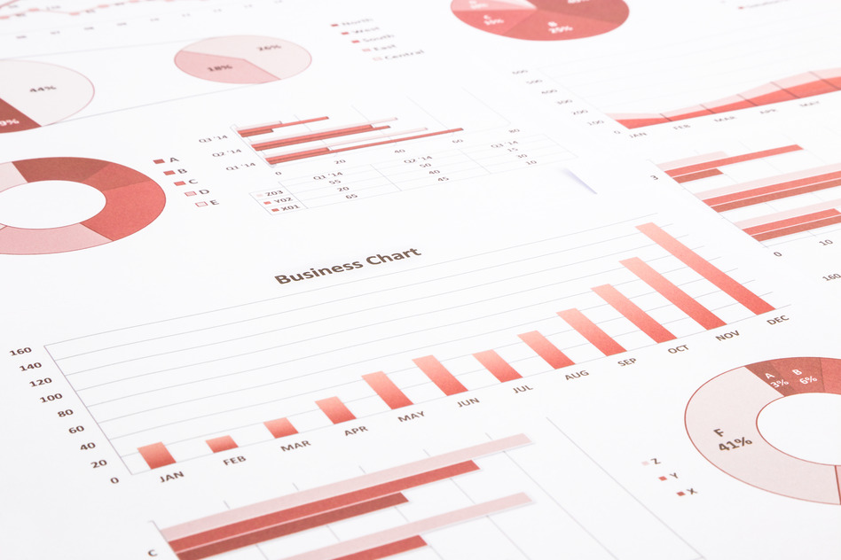 red business charts, graphs, annual report and summarizing backg