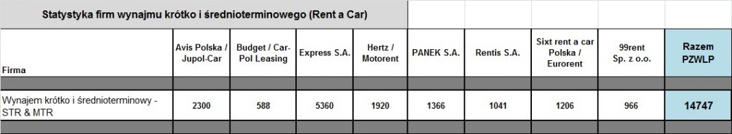 Statystyka firm wynajmu krótko i średnioterminowego (Rent a Car)