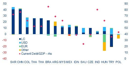 Wykres 3: Zmiana struktury walutowej długu publicznego (% PKB) w wybranych krajach rynków wschodzących