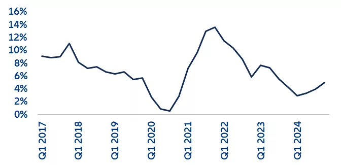Wykres 2: Napływ bezpośrednich inwestycji zagranicznych (BIZ) do USA (r/r%)