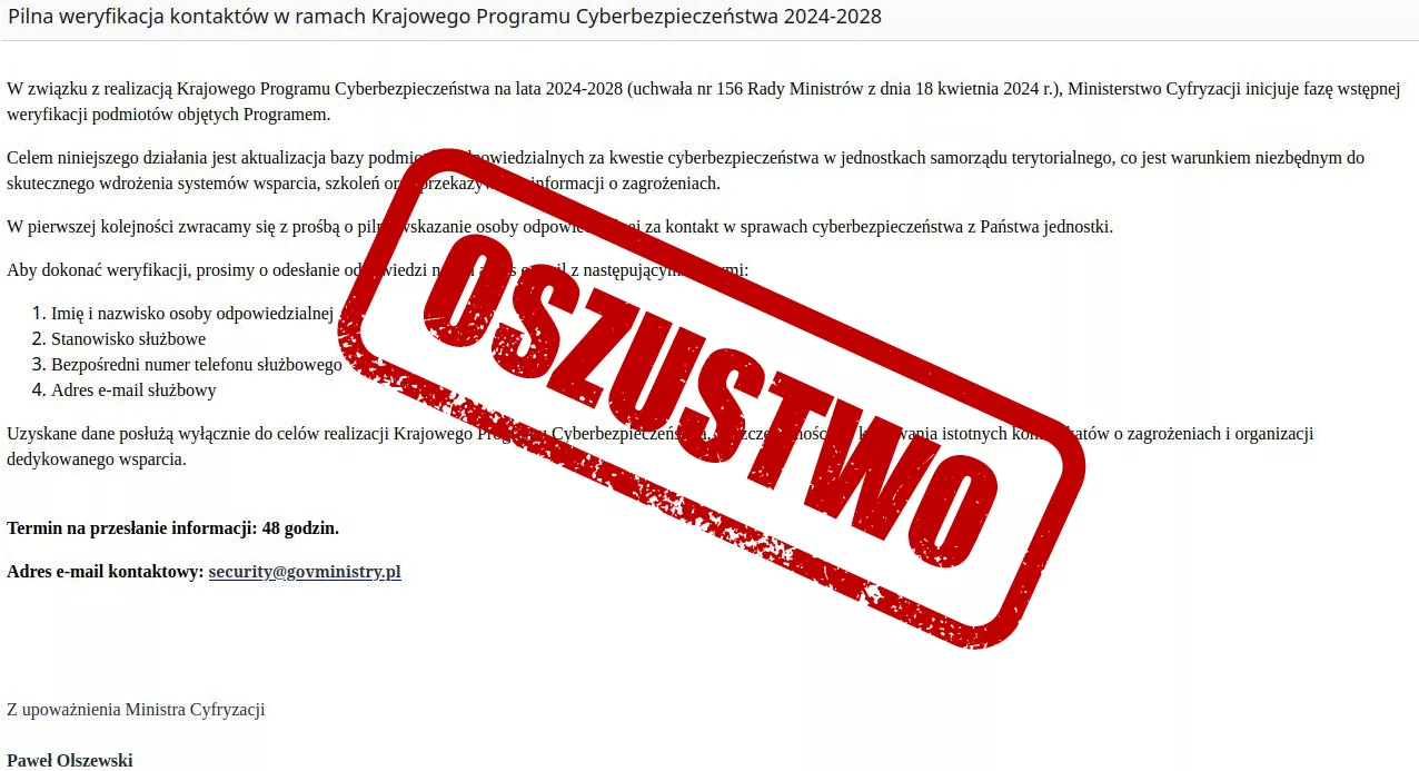Próba oszustwa z wykorzystaniem wizerunku Ministerstwa Cyfryzacji
